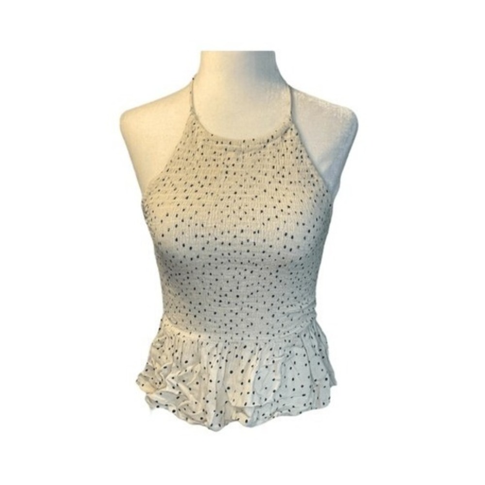 Patrons of Peace Polka Dot Halter Top Cream Navy Smocked Peplum Ruched S